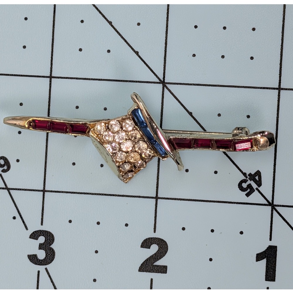 Vintage Gold Tone Rhinestone Brooch Red Baguette Blue Clear Stones Geometric Pin